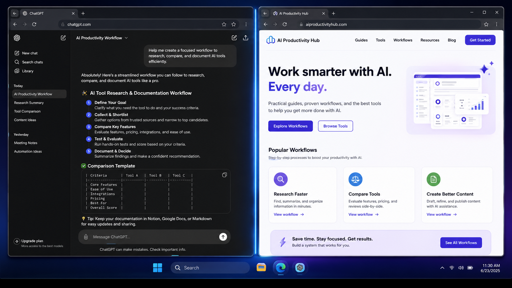 AI Desktop Corral showing ChatGPT and a browser arranged side by side on a Windows desktop