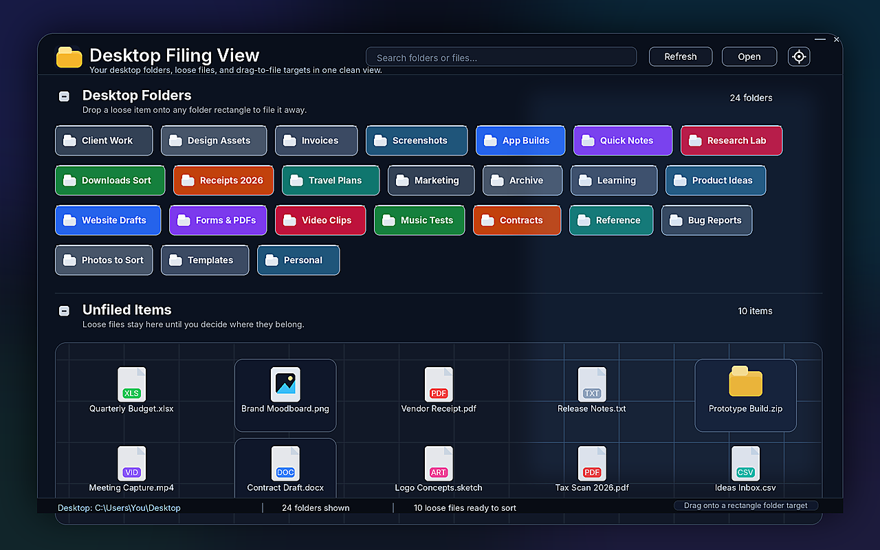 Desktop Filing View showing a flat list of desktop folders and a grid of unfiled loose files