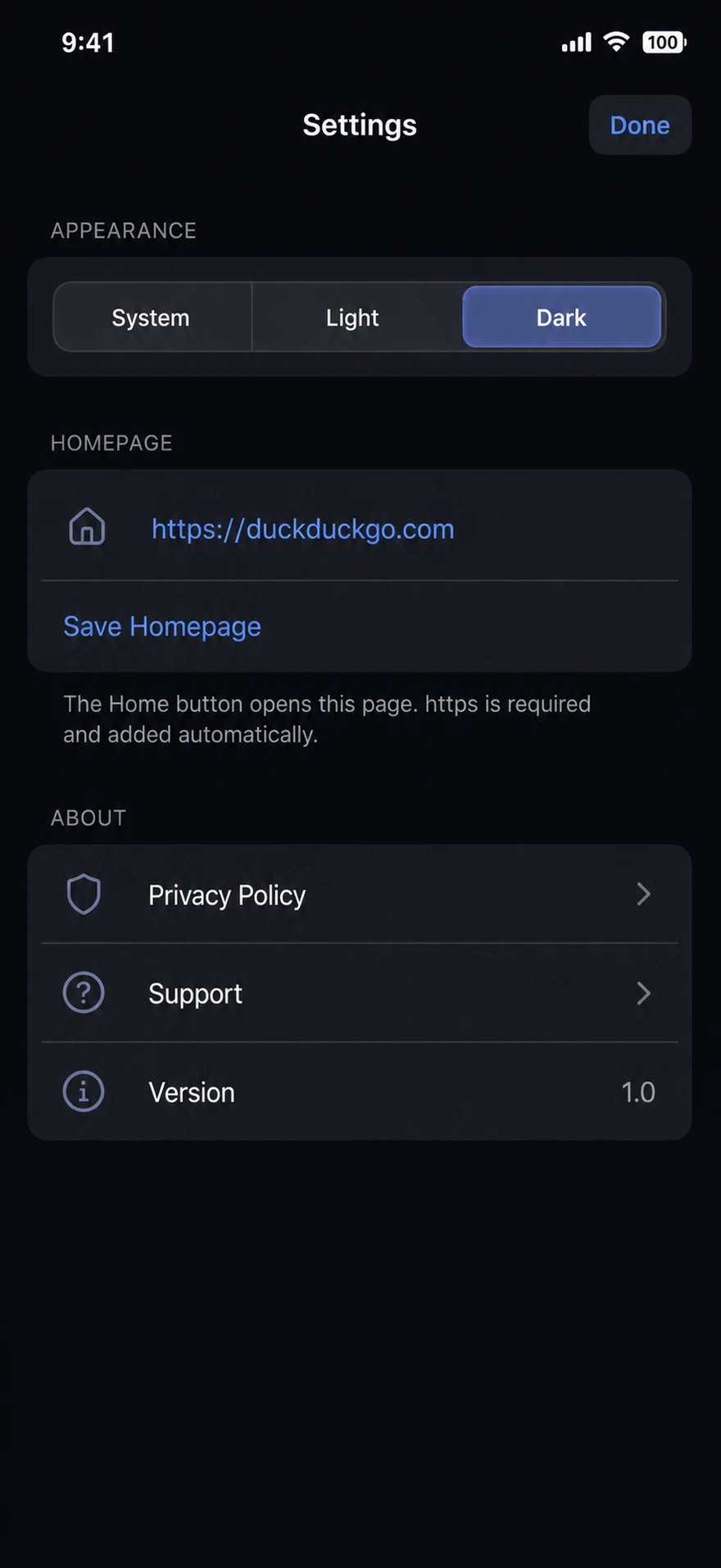 Stylized Koga settings in dark mode with Dark appearance selected
